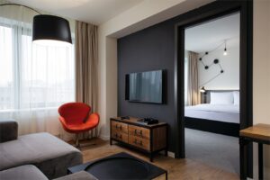 Penta Suite is a two-room suite with a living room and a bedroom
